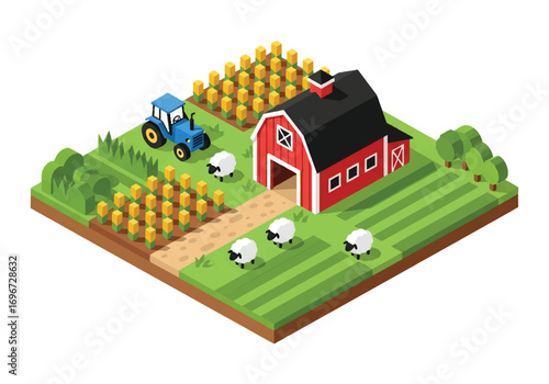 Isometric 3D view of a farm with barn, tractor, fields, and animals including cow, pig, and sheep, representing agriculture, farming, livestock, and rural lifestyle concepts