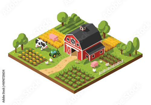 Isometric 3D view of a farm with barn, tractor, fields, and animals including cow, pig, and sheep, representing agriculture, farming, livestock, and rural lifestyle concepts