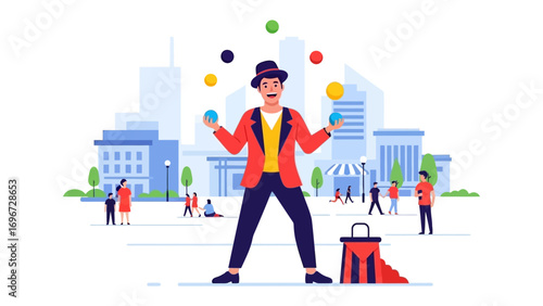 Juggling Act: An entertainer, with skill and showmanship, balances multiple colored balls in a dynamic display, captivating onlookers and the cityscape beyond.
