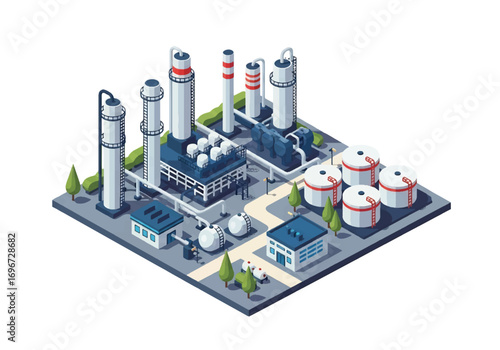 Isometric 3D view of an industrial refinery with storage tanks, pipelines, and chimneys, representing energy production, oil and gas processing, manufacturing, and heavy industry concepts