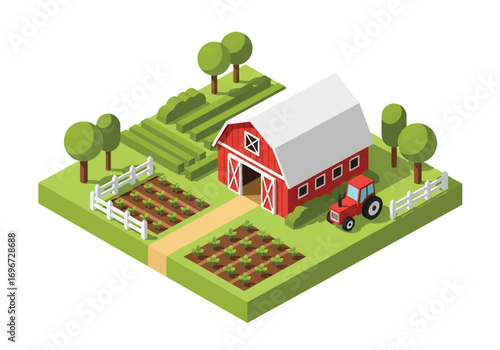 Isometric 3D view of a farm with barn, tractor, fields, and animals including cow, pig, and sheep, representing agriculture, farming, livestock, and rural lifestyle concepts