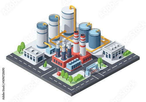 Isometric 3D view of an industrial refinery with storage tanks, pipelines, and chimneys, representing energy production, oil and gas processing, manufacturing, and heavy industry concepts