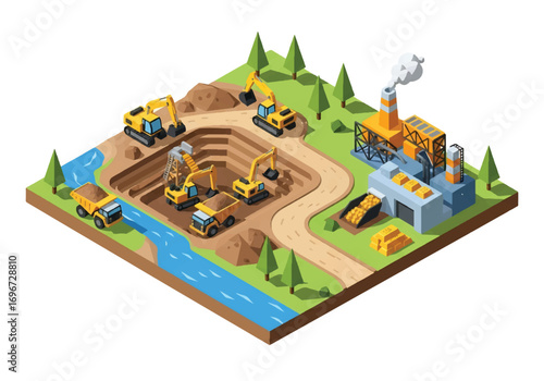 Isometric 3D view of an open-pit mining site with excavators, dump trucks, factory, and river, representing gold extraction, heavy industry, resources, and industrial development concepts