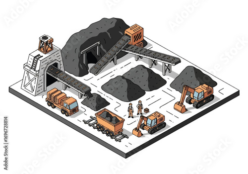 Isometric 3D view of a mining operation with workers, carts, tunnels, conveyor belts, and factory, representing coal extraction, industry, resources, and heavy equipment concepts