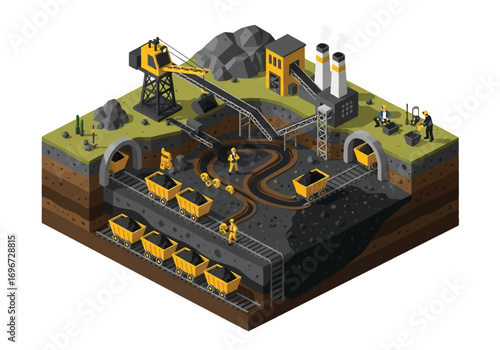 Isometric 3D view of a mining operation with workers, carts, tunnels, conveyor belts, and factory, representing coal extraction, industry, resources, and heavy equipment concepts