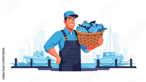 Fisherman with a basket of freshly caught fish by the docks, surrounded by fishing boats, epitomizing the essence of the seafood industry.