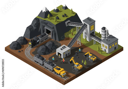 Isometric 3D view of a mining operation with workers, carts, tunnels, conveyor belts, and factory, representing coal extraction, industry, resources, and heavy equipment concepts