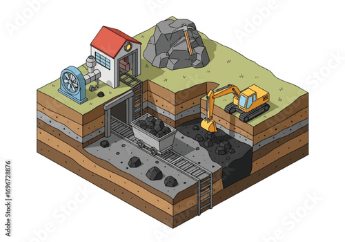 Isometric 3D view of a mining operation with workers, carts, tunnels, conveyor belts, and factory, representing coal extraction, industry, resources, and heavy equipment concepts