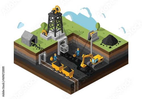 Isometric 3D view of a mining operation with workers, carts, tunnels, conveyor belts, and factory, representing coal extraction, industry, resources, and heavy equipment concepts