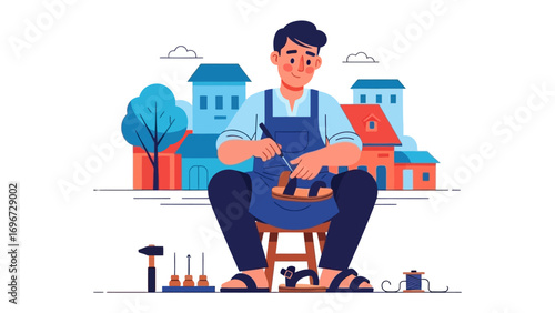 Artisan Crafting in Community: A skilled artisan meticulously crafts an item, surrounded by a charming town, showcasing dedication and the beauty of local craftsmanship.