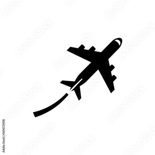 Silhouette of an airplane taking off with trail on a transparent background, aviation concept