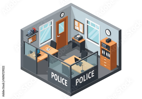 Isometric 3D view of a police office with desks, computers, filing cabinets, and paperwork, representing law enforcement, security, investigation, and administrative work concepts
