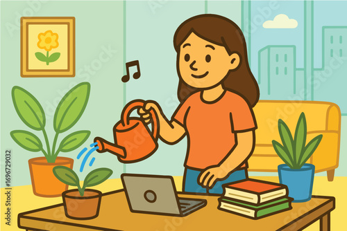 young woman watering plants