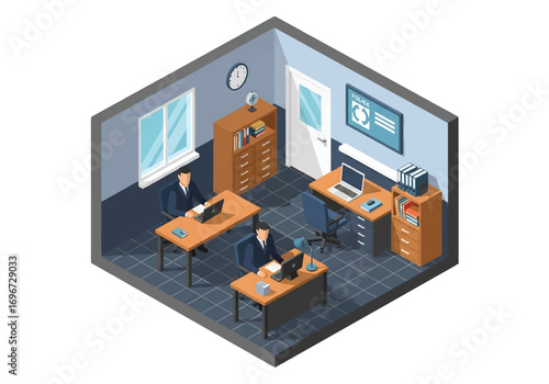 Isometric 3D view of a police office with desks, computers, filing cabinets, and paperwork, representing law enforcement, security, investigation, and administrative work concepts