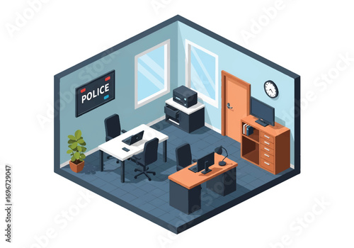 Isometric 3D view of a police office with desks, computers, filing cabinets, and paperwork, representing law enforcement, security, investigation, and administrative work concepts