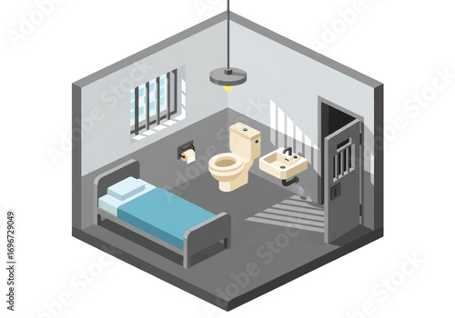 Isometric 3D view of a prison cell with bed, sink, toilet, barred window, and locked door, representing jail interior, security, justice system, punishment, and confinement concepts