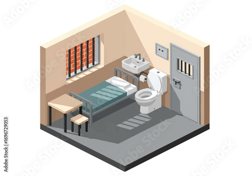 Isometric 3D view of a prison cell with bed, sink, toilet, barred window, and locked door, representing jail interior, security, justice system, punishment, and confinement concepts