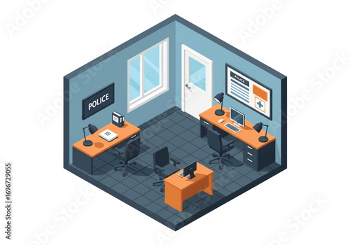 Isometric 3D view of a police office with desks, computers, filing cabinets, and paperwork, representing law enforcement, security, investigation, and administrative work concepts