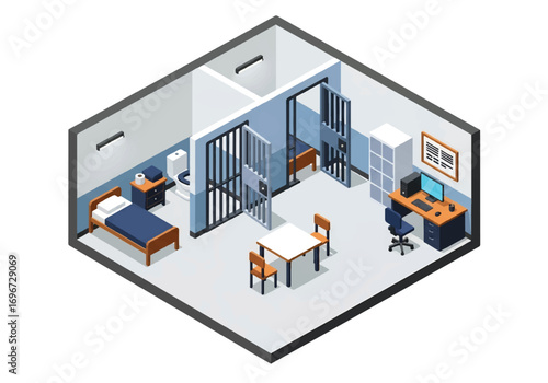 Isometric 3D view of a prison cell with bed, sink, toilet, barred window, and locked door, representing jail interior, security, justice system, punishment, and confinement concepts