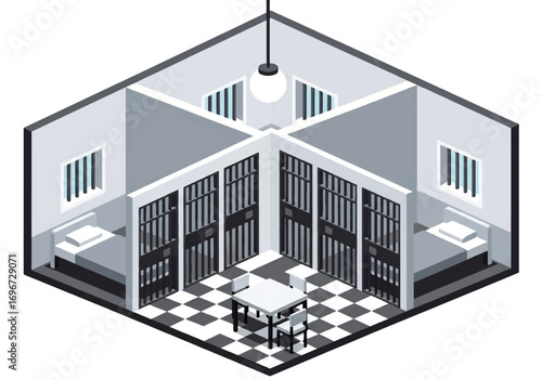 Isometric 3D view of a prison cell with bed, sink, toilet, barred window, and locked door, representing jail interior, security, justice system, punishment, and confinement concepts