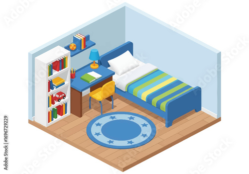 Isometric 3D view of a modern kids bedroom with bed, desk, chair, bookshelf, lamp, and rug, designed for study, play, comfort, and family lifestyle concepts