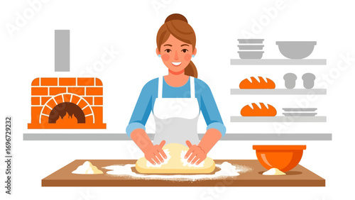 Artisan Baker Crafting Bread: A cheerful woman skillfully kneads dough in her cozy bakery, readying fresh bread, capturing the essence of traditional craftsmanship and culinary art.