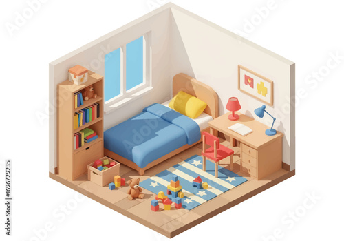 Isometric 3D view of a modern kids bedroom with bed, desk, chair, bookshelf, lamp, and rug, designed for study, play, comfort, and family lifestyle concepts