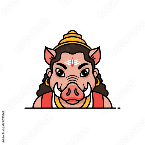 Cartoon depiction of a deity with a boar's head, adorned with traditional markings.