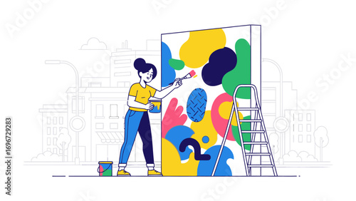 Creative Strokes: An artistic woman brings vibrant colors to life on a large canvas with brush and paint, set against the backdrop of an urban landscape.