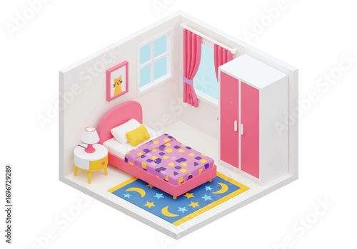 Isometric 3D view of a colorful kid girl bedroom with bed, desk, chair, bookshelf, wardrobe, and playful decor, designed for childhood comfort, learning, and family lifestyle concepts