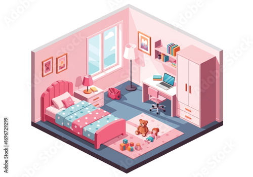 Isometric 3D view of a colorful kid girl bedroom with bed, desk, chair, bookshelf, wardrobe, and playful decor, designed for childhood comfort, learning, and family lifestyle concepts