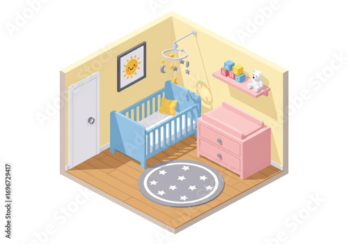 Isometric 3D view of a cozy baby nursery with crib, mobile, changing table, rug, and toys, designed for newborn care, parenting, family lifestyle, and childhood comfort