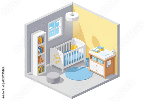 Isometric 3D view of a cozy baby nursery with crib, mobile, changing table, rug, and toys, designed for newborn care, parenting, family lifestyle, and childhood comfort