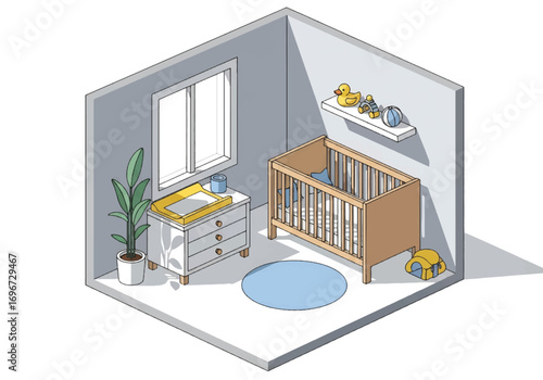Isometric 3D view of a cozy baby nursery with crib, mobile, changing table, rug, and toys, designed for newborn care, parenting, family lifestyle, and childhood comfort