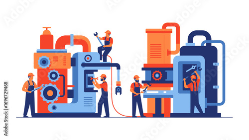 Industry Mechanics: A detailed illustration depicts a team of skilled mechanics, meticulously working on industrial machinery with precision and dedication.