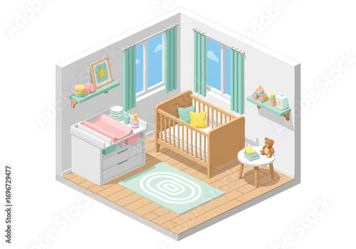 Isometric 3D view of a cozy baby nursery with crib, mobile, changing table, rug, and toys, designed for newborn care, parenting, family lifestyle, and childhood comfort