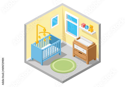 Isometric 3D view of a cozy baby nursery with crib, mobile, changing table, rug, and toys, designed for newborn care, parenting, family lifestyle, and childhood comfort