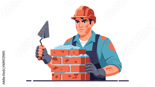 Bricklayer Constructing Wall: A skilled bricklayer, clad in protective gear, meticulously constructs a brick wall, embodying precision and dedication in the art of building.