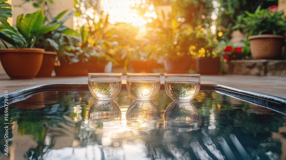 Fototapeta premium Tranquil Outdoor Scene with Glass Cups and Reflections in Water