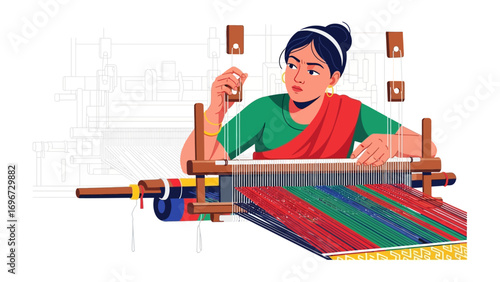 Artisan at Work: A diligent craftsperson is meticulously weaving intricate patterns on a traditional loom, showcasing skill, patience, and cultural heritage in a vibrantly lit environment.