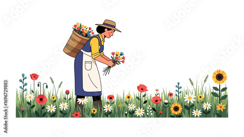 Floral Bounty: A dedicated harvester in the embrace of nature. A lady with basket, selecting fresh flowers amidst a vibrant meadow, embodying the essence of rural beauty and natural harvest.