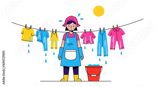 Laundry Day Woes: An animated illustration depicts the challenges of laundry day, a weary figure stands before a clothesline heavy with wet clothes under the scorching sun.