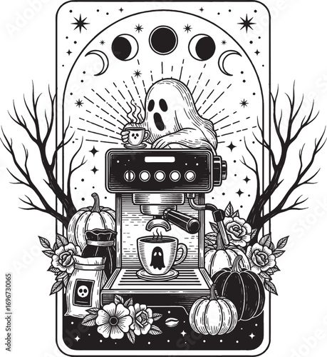 Cute Ghost Enjoying Coffee with Autumn Pumpkins and Moon in Cozy Halloween Scene