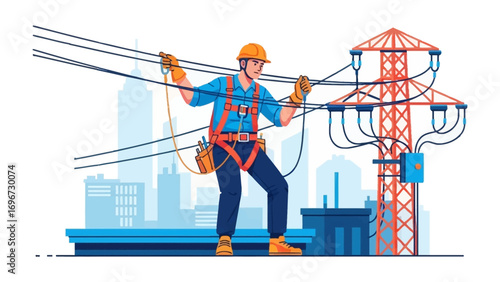 Maintaining the Grid: An illustration depicts an electrician working diligently on power lines, embodying expertise and dedication. Surrounded by the framework of power and technology.