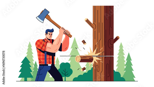 Lumberjack's Task: A burly lumberjack skillfully wields an axe, striking a mature tree amidst a lush forest, encapsulating strength and the art of the forest