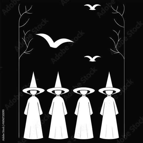 Four witches and birds in a dark forest hats robes