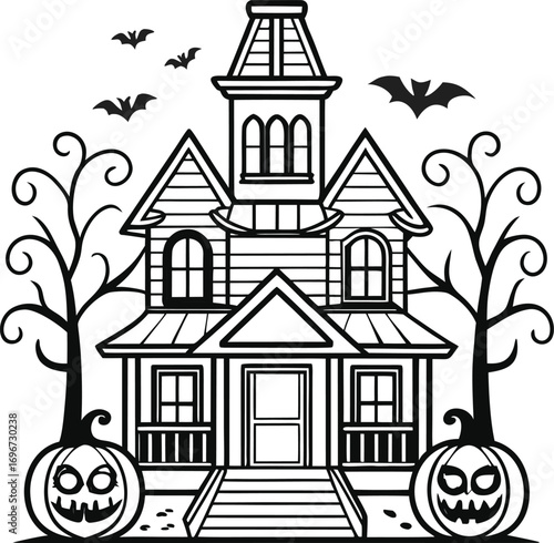 Haunted house bats pumpkins spooky trees halloween