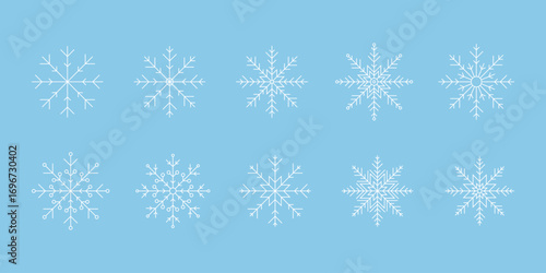 Snowflakes, a set of delicate winter icons, a sign of snow, frost, isolated on a blue background, vector illustration. Decorative frozen festive element for decoration, design, postcard, banner