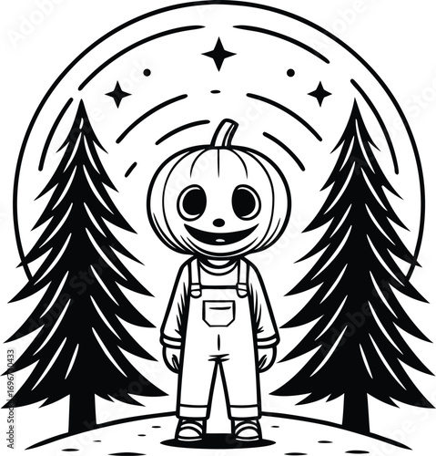 Pumpkin headed character with pine trees and stars