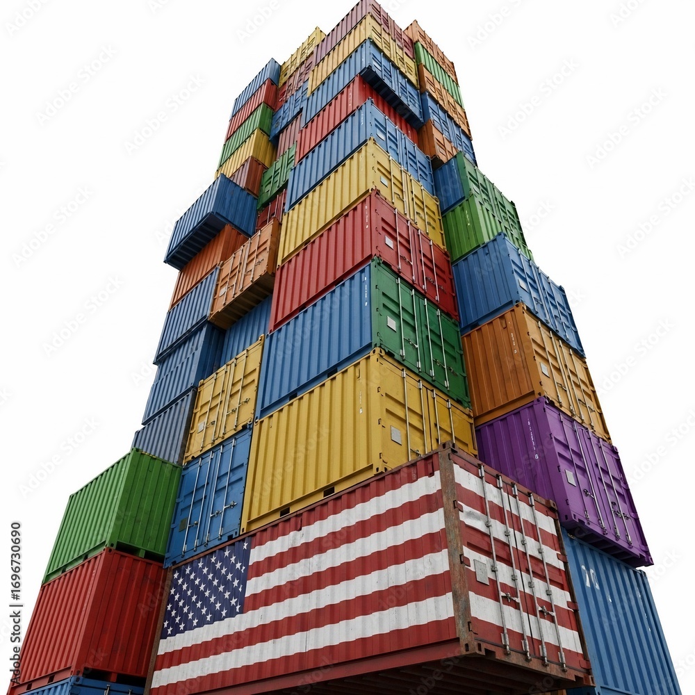 Fototapeta premium Stack of colorful shipping containers with american flag container against a white background